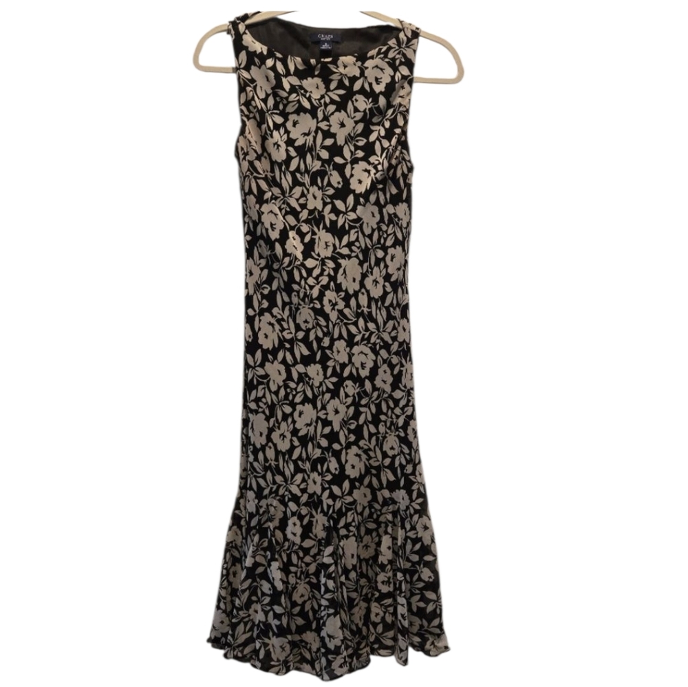 Vintage Y2K Dress 8 Midi Chaps Floral Black White Sleeveless Boat Wide Neck